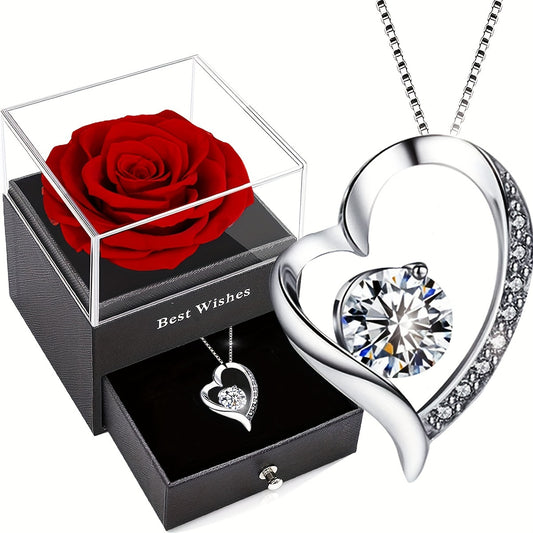 Eternal Red Rose Gift Box with 925 Sterling Silver Necklace – The Perfect Romantic Surprise for Her Special Moments!